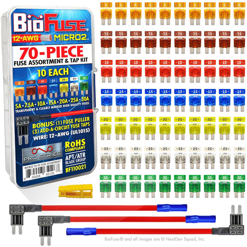 BioFuse Micro2 70 Piece Automotive Fuse Assortment and Holders Pack (3 Add-a-Circuit Fuse Tap Adapters (12 AWG), 70 Blade Fuses + Fuse Puller) 5A 7.5A 10A 15A 20A 25A 30A