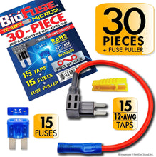 Load image into Gallery viewer, Micro2 30 Piece Add-a-Circuit Fuse Tap Holder and Fuses Bundle (Automotive and Non-Automotive Use): 15 Tap Adapters (12 AWG), 15 Fuses (15A) + Fuse Puller