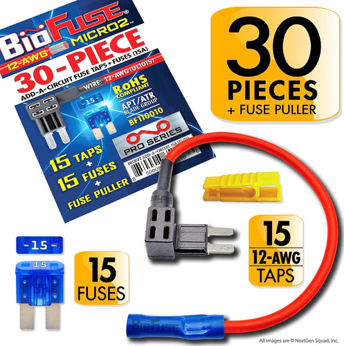 Micro2 30 Piece Add-a-Circuit Fuse Tap Holder and Fuses Bundle (Automotive and Non-Automotive Use): 15 Tap Adapters (12 AWG), 15 Fuses (15A) + Fuse Puller