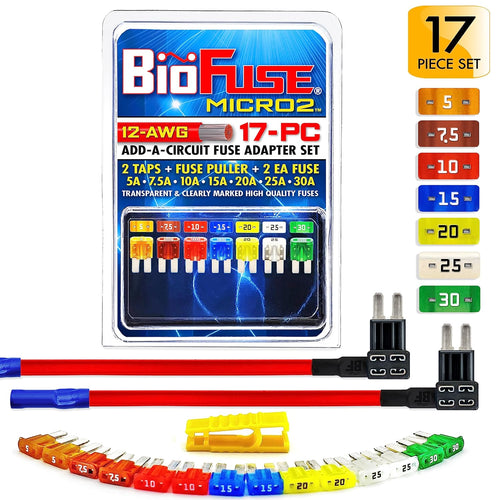 Micro2 17 Piece Add-a-Circuit Fuse Holder Assortment Set: (Automotive and Non-Automotive Use): 2 Tap Adapters (12 AWG), 14 Blade Fuses + Fuse Puller - 5A 7.5A 10A 15A 20A 25A 30A