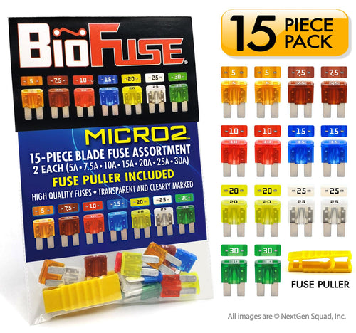 Micro2 15 Piece Fuse Assortment Pack (Automotive and Non-Automotive Use): Set of 14 Blade Fuses + Fuse Puller - 5A 7.5A 10A 15A 20A 25A 30A