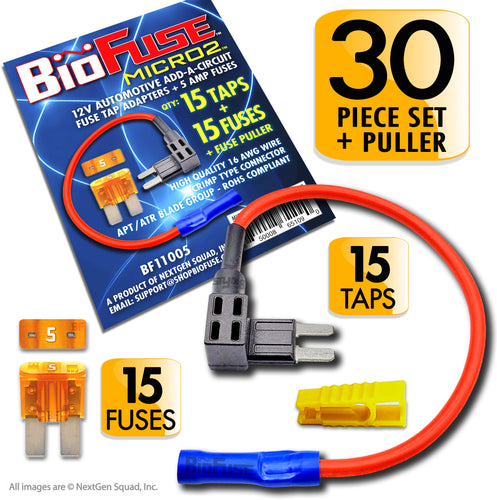 Micro2 30 Piece Add-a-Circuit Fuse Tap Holder and Fuses Bundle (Automotive and Non-Automotive Use): 15 Tap Adapters (16 AWG), 15 Fuses (5A) + Fuse Puller