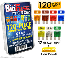 Load image into Gallery viewer, Micro2 120 Piece Commercial Fuse Assortment (Automotive and Non-Automotive Use): 119 Blade Fuses + Fuse Puller - 5A 7.5A 10A 15A 20A 25A 30A
