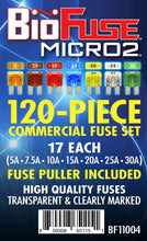 Load image into Gallery viewer, Micro2 120 Piece Commercial Fuse Assortment (Automotive and Non-Automotive Use): 119 Blade Fuses + Fuse Puller - 5A 7.5A 10A 15A 20A 25A 30A