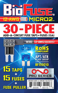 Micro2 30 Piece Add-a-Circuit Fuse Tap Holder and Fuses Bundle (Automotive and Non-Automotive Use): 15 Tap Adapters (12 AWG), 15 Fuses (15A) + Fuse Puller