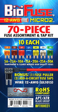 Load image into Gallery viewer, BioFuse Micro2 70 Piece Automotive Fuse Assortment and Holders Pack (3 Add-a-Circuit Fuse Tap Adapters (12 AWG), 70 Blade Fuses + Fuse Puller) 5A 7.5A 10A 15A 20A 25A 30A