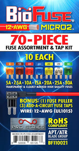 BioFuse Micro2 70 Piece Automotive Fuse Assortment and Holders Pack (3 Add-a-Circuit Fuse Tap Adapters (12 AWG), 70 Blade Fuses + Fuse Puller) 5A 7.5A 10A 15A 20A 25A 30A