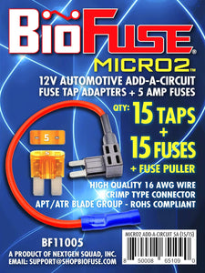 Micro2 30 Piece Add-a-Circuit Fuse Tap Holder and Fuses Bundle (Automotive and Non-Automotive Use): 15 Tap Adapters (16 AWG), 15 Fuses (5A) + Fuse Puller