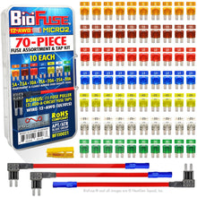 Load image into Gallery viewer, BioFuse Micro2 70 Piece Automotive Fuse Assortment and Holders Pack (3 Add-a-Circuit Fuse Tap Adapters (12 AWG), 70 Blade Fuses + Fuse Puller) 5A 7.5A 10A 15A 20A 25A 30A