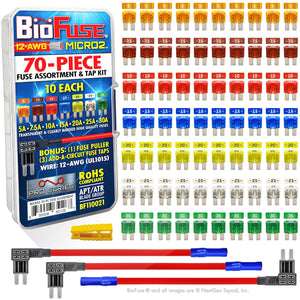 BioFuse Micro2 70 Piece Automotive Fuse Assortment and Holders Pack (3 Add-a-Circuit Fuse Tap Adapters (12 AWG), 70 Blade Fuses + Fuse Puller) 5A 7.5A 10A 15A 20A 25A 30A