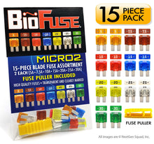 Load image into Gallery viewer, Micro2 15 Piece Fuse Assortment Pack (Automotive and Non-Automotive Use): Set of 14 Blade Fuses + Fuse Puller - 5A 7.5A 10A 15A 20A 25A 30A