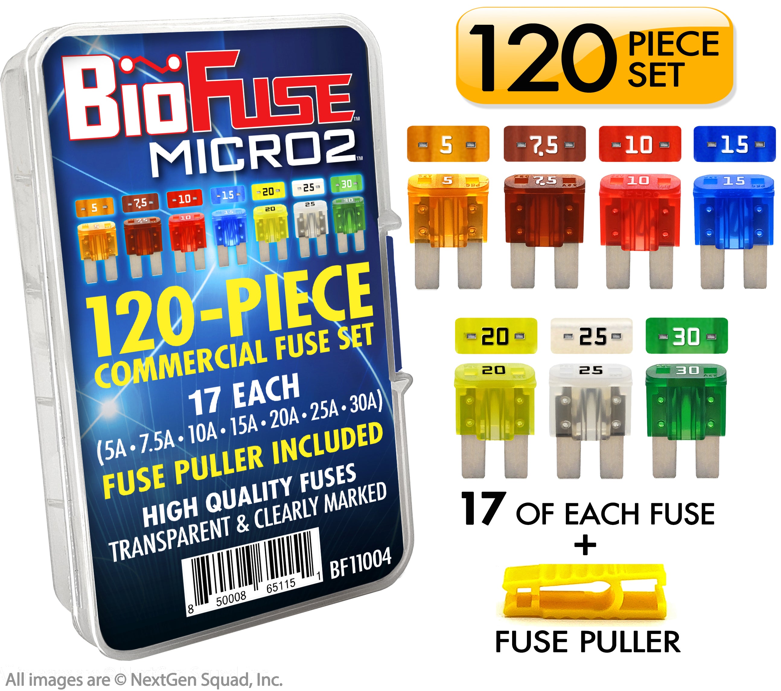 Micro2 120 Piece Commercial Fuse Assortment (Automotive and Non-Automotive  Use): 119 Blade Fuses + Fuse Puller - 5A 7.5A 10A 15A 20A 25A 30A